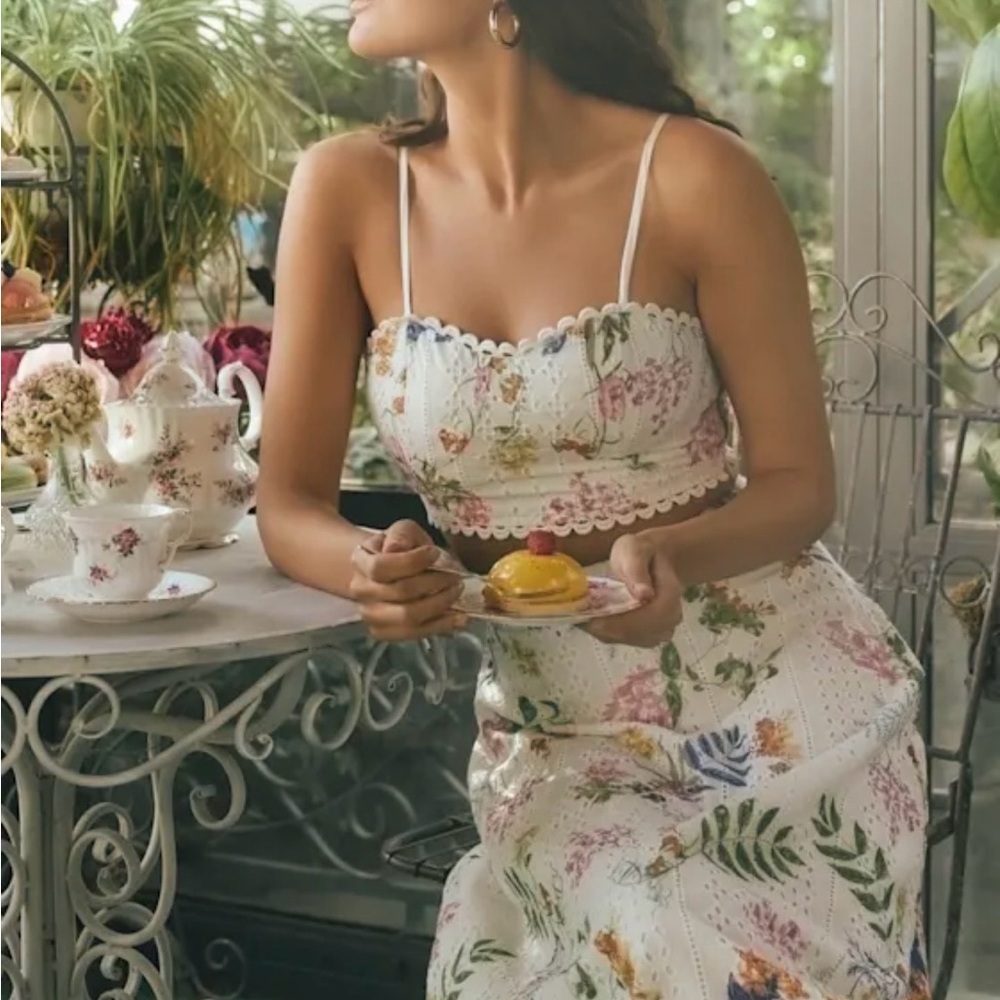 Lulu's White Eyelet Maxi Skirt & Top set, Pink & Multicolor Floral Print, M - Picture 2 of 11